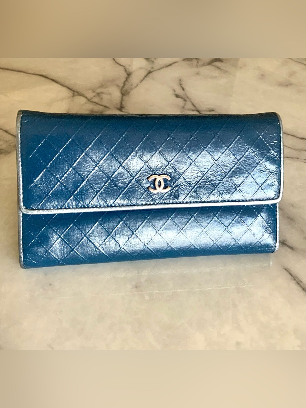 CHANEL Teal Quilted Lambskin Wallet with CC Logo